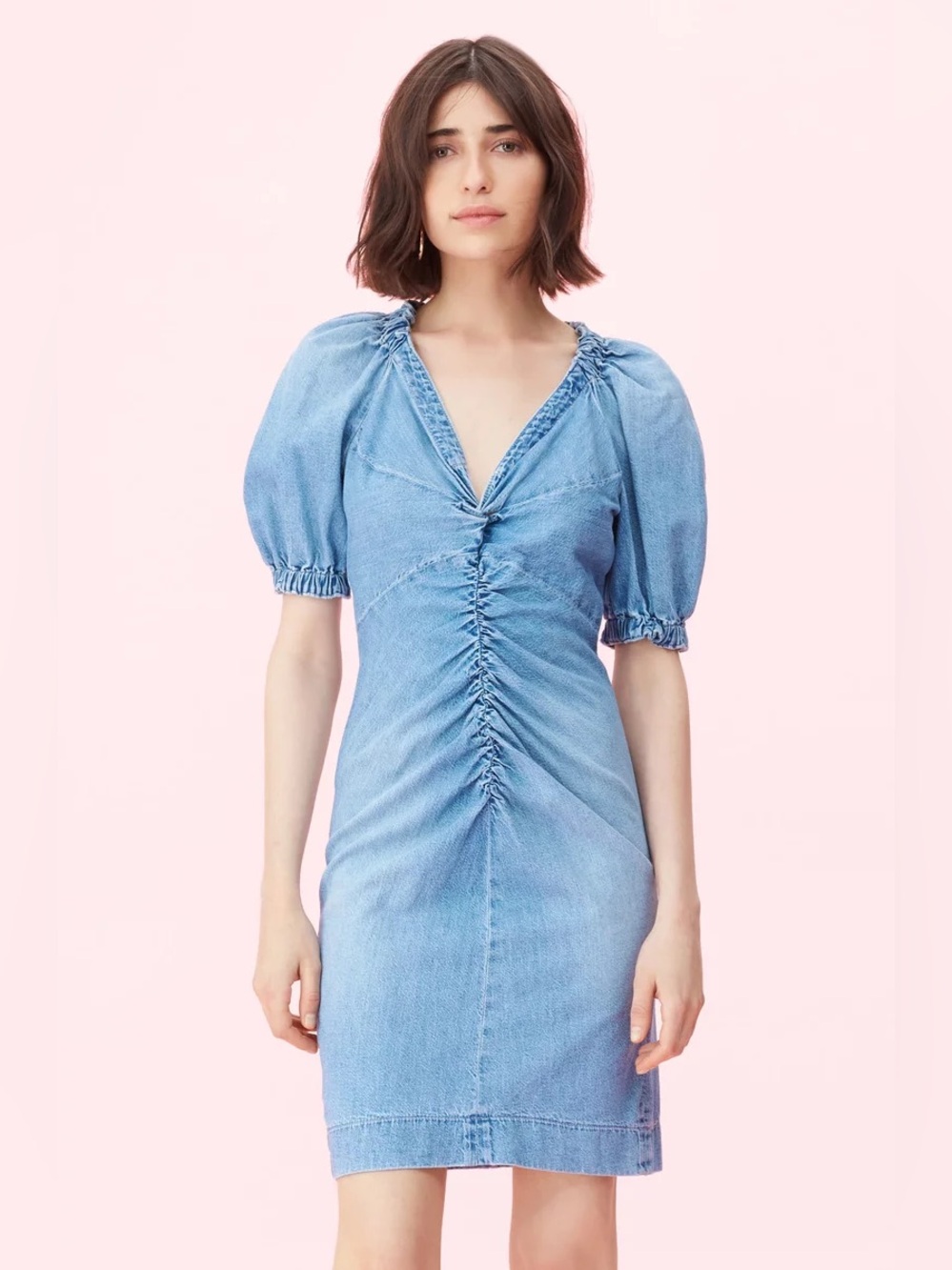 Rebecca Taylor La Vie Denim V-Neck Ruched Puff Sleeve Dress